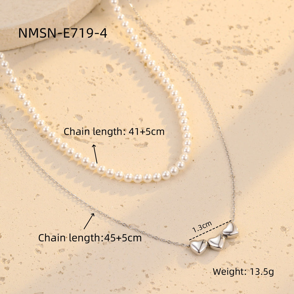Wild Stainless Steel Necklace Pearl Heart Embellished Plated 18K Gold Titanium Steel Clavicle Chain Jewelry