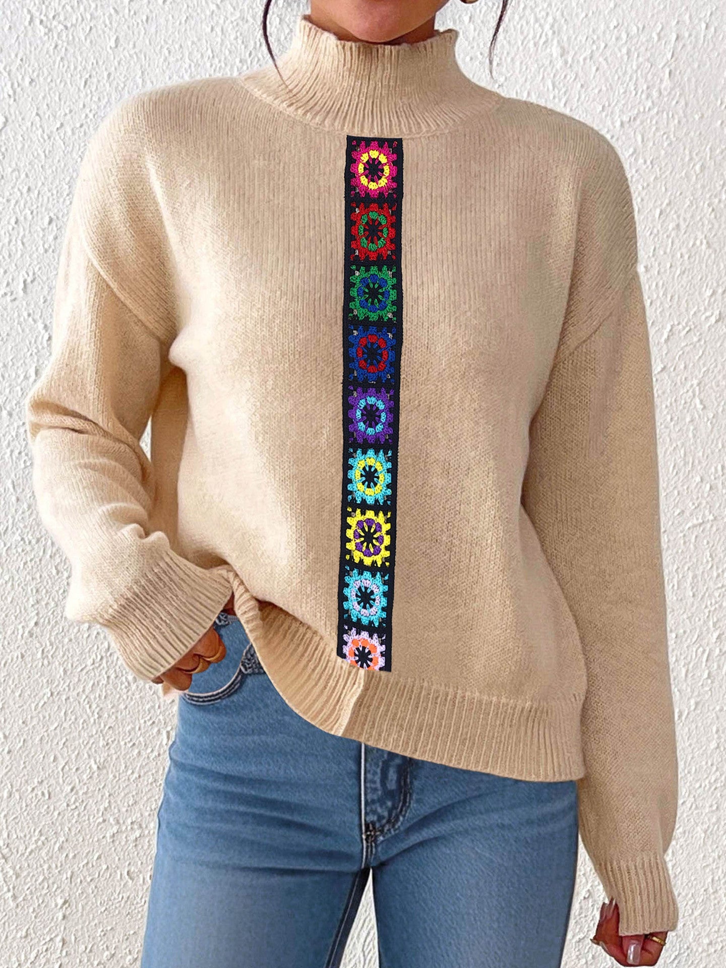 Damen Kleidung Persönlichkeit Farbe Zufällig Imitiert Handgehäkeltes Patchwork Gewebtes Oberteil Pullover
