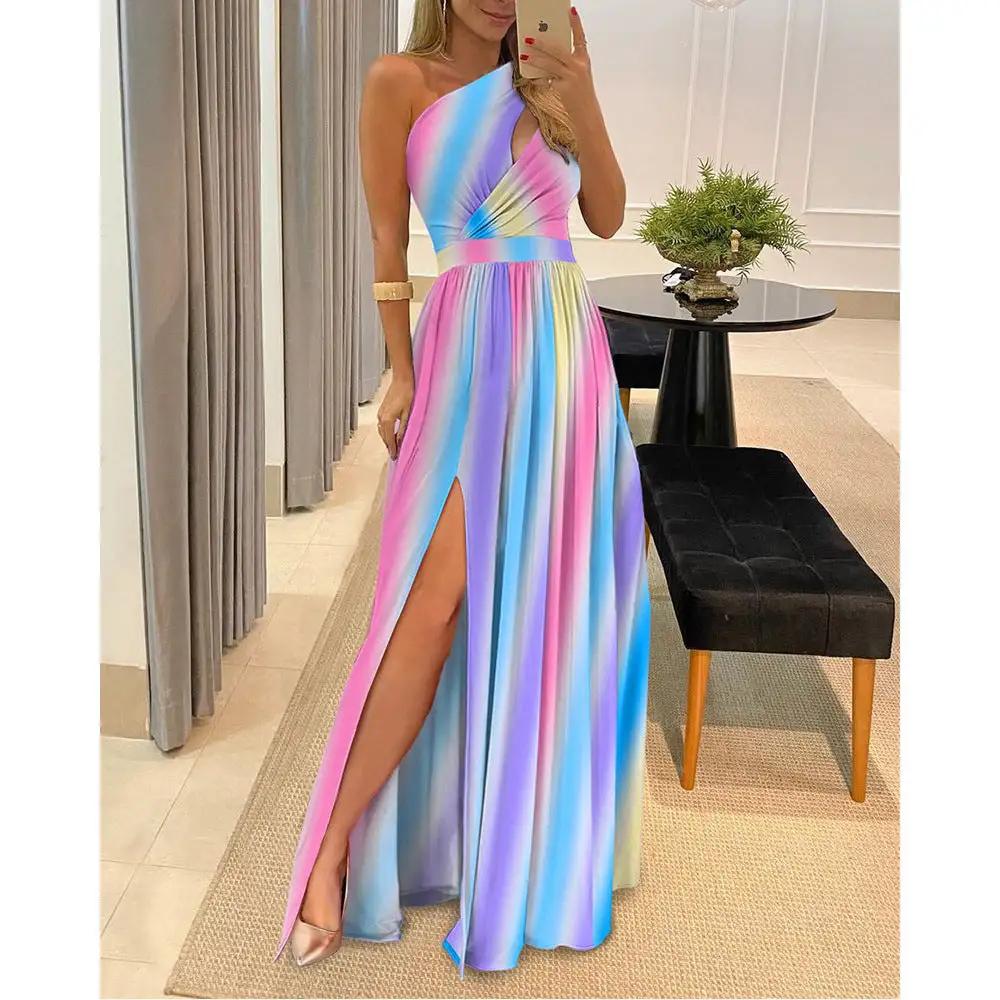 Women Clothing Slant Shoulder Dress Elegance Sleeveless Sexy High Waist Split Dress by Wanita Store