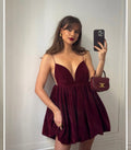 Frühjahr Sommer Elegant Samt Sexy Träger Tiefes V-Dekolleté Hohe Taille Laternenärmel Kleid