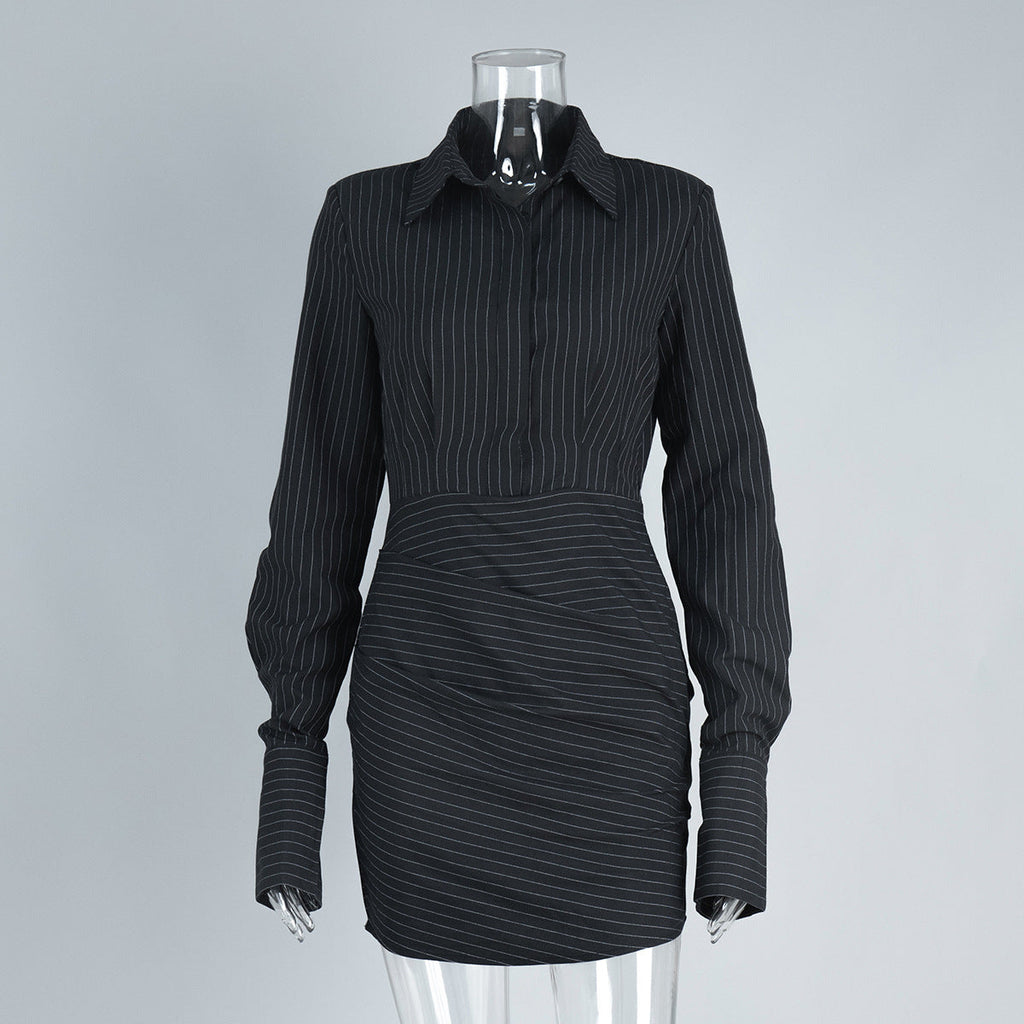 Gestreiftes Langarm-Hemdblusenkleid Frühling Sommer Mini Hip Kleid Slim Fit Kleid Damen