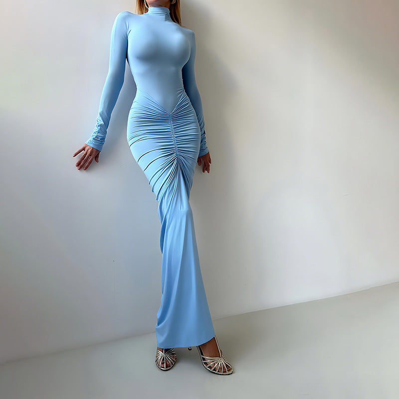 Damenbekleidung Herbst Einfarbig Elegant Schmal Schlankmachend Plissiert Rollkragen Langarm Kleid