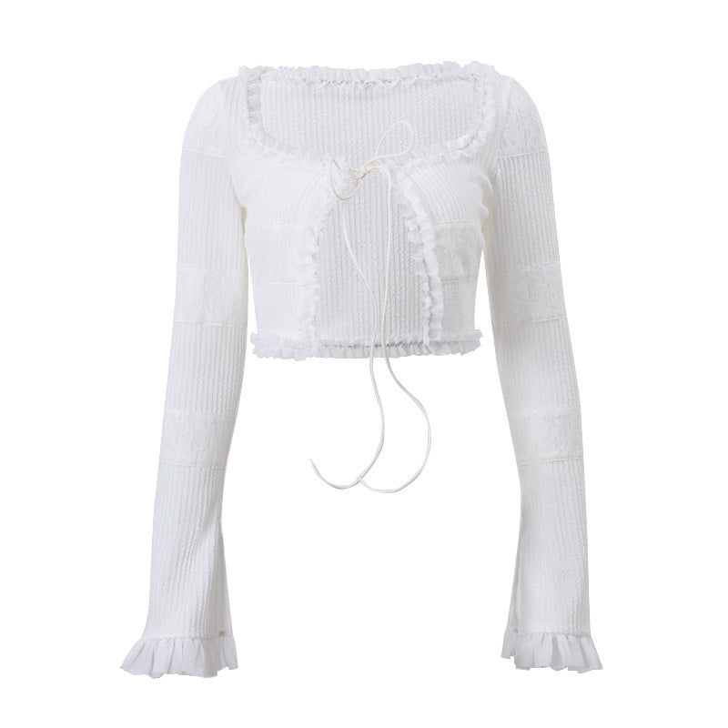 Herbst Französischer Quadratischer Kragen Gestrickter Schnürpullover Langarm Oberteil Kuchenrock Sets