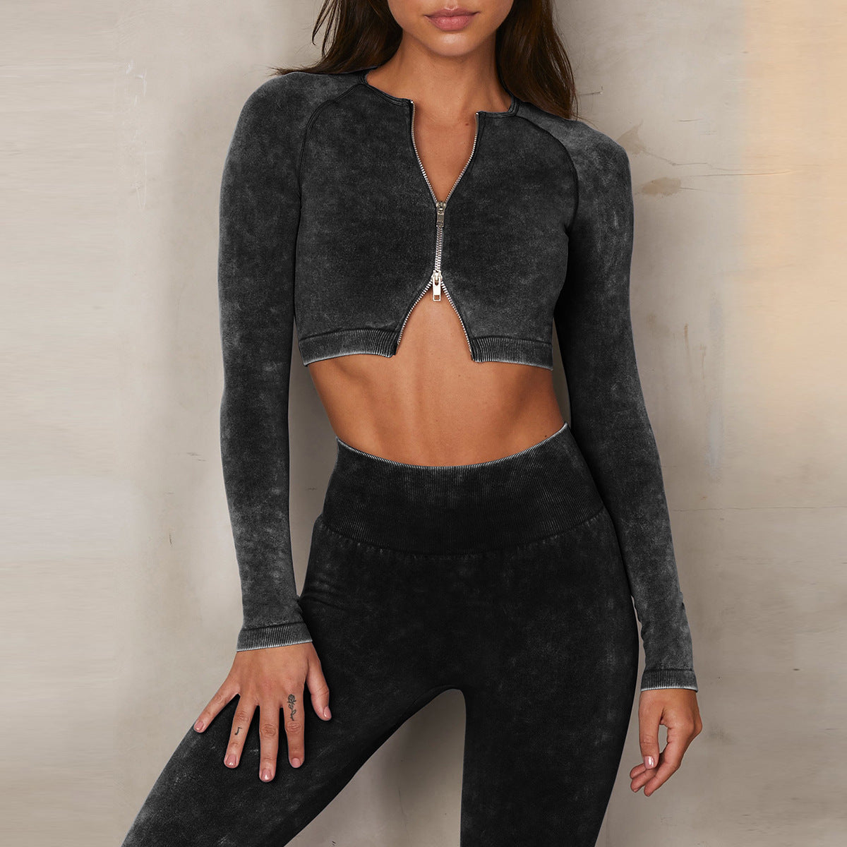 Nahtloser, stonewashed Sport-BH mit Shorts, Trainingsanzug, Lauf-Body, eng anliegend, fünfteiliges Set