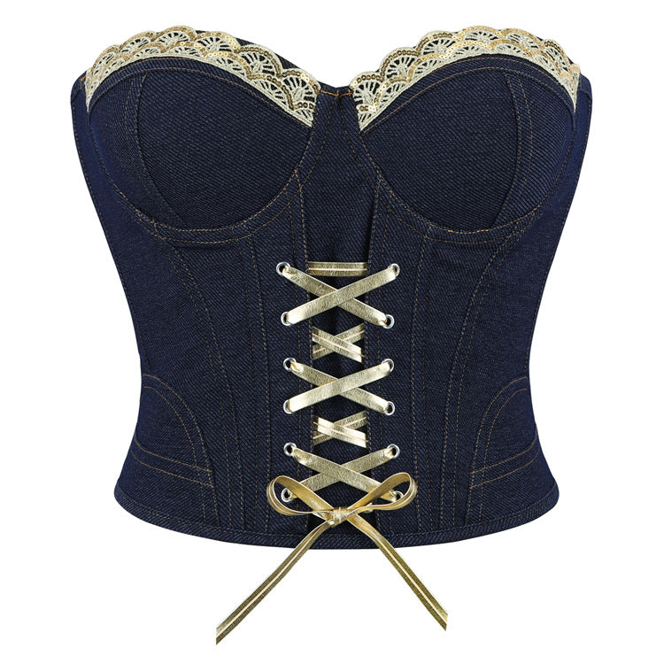 Denim Schwarz-Blau mit Stahlring Cup Lady Sexy Shaping Top Supply