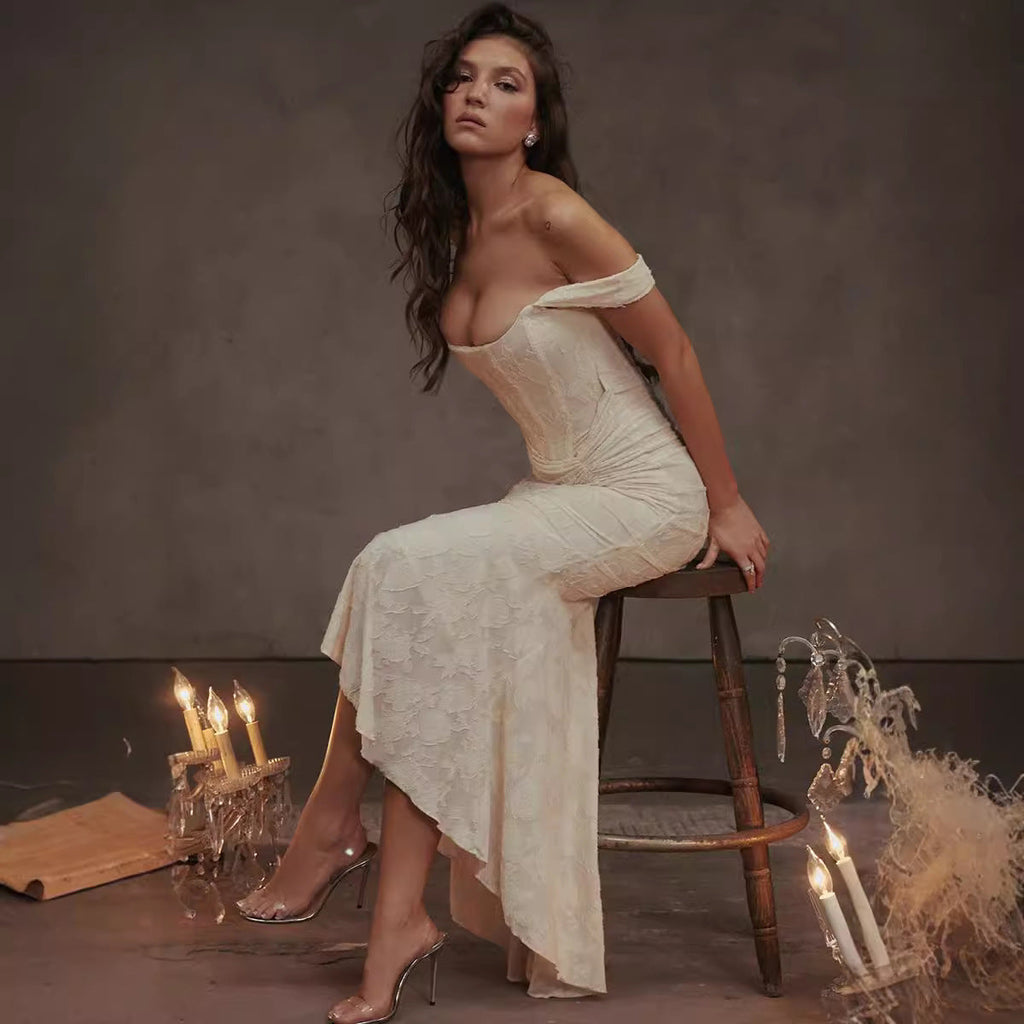 Herbst Quadratischer Kragen Elastisches Netz Jacquard Plissiert Ärmelloses Fischschwanz Cami-Kleid