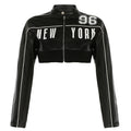Personality Locomotive Leather Jacket Contrast Color Bud Stripe Numbers Short Faux Leather Jacket Spring Autumn