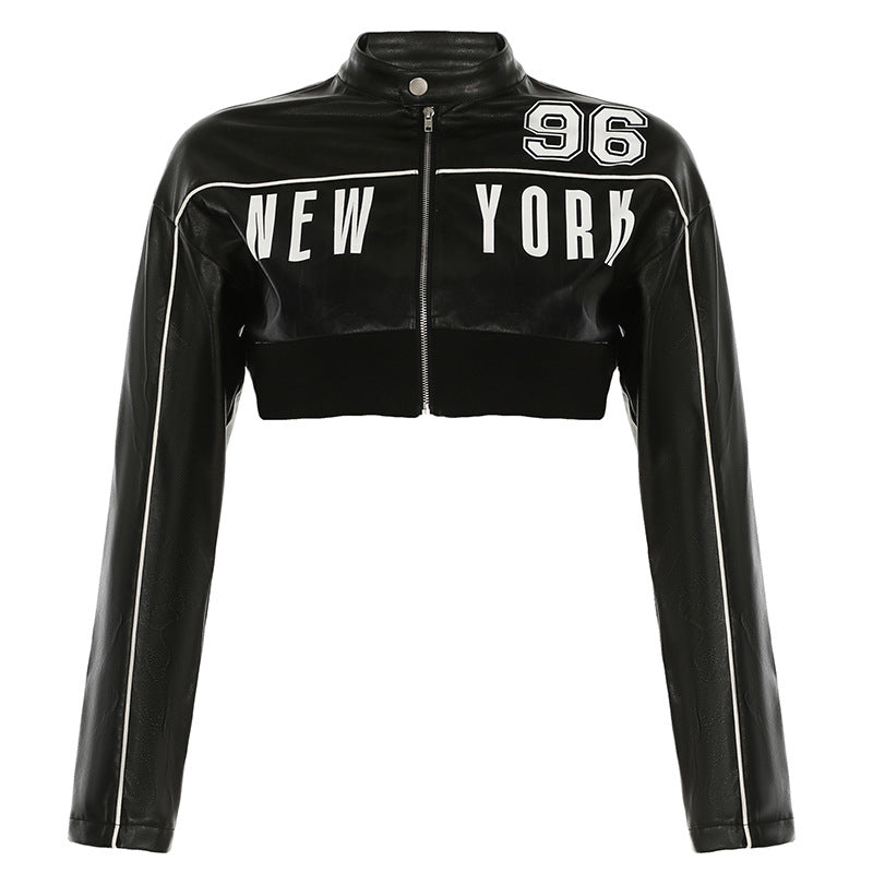 Personality Locomotive Leather Jacket Contrast Color Bud Stripe Numbers Short Faux Leather Jacket Spring Autumn