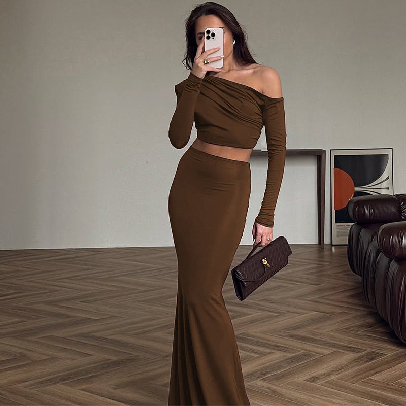 Bestseller in Damenbekleidung Sommer Schulterfreies Langarm-Top Schlanker Rock Zweiteilige Sets Damen