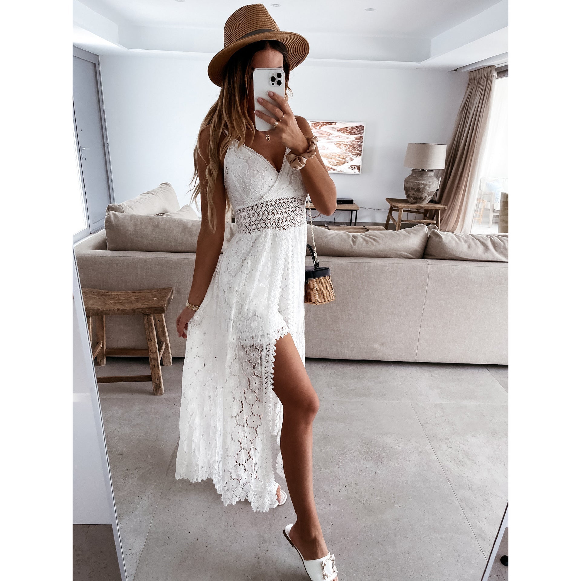 Sexy Strap Stitching Casual Jumpsuit Home Vacation Hollow Out Cutout Jumpsuit