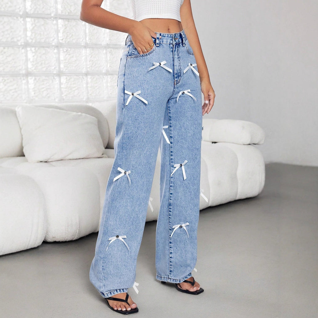 Schleifenband Damen Ganzjahreshose Weite Jeanshose