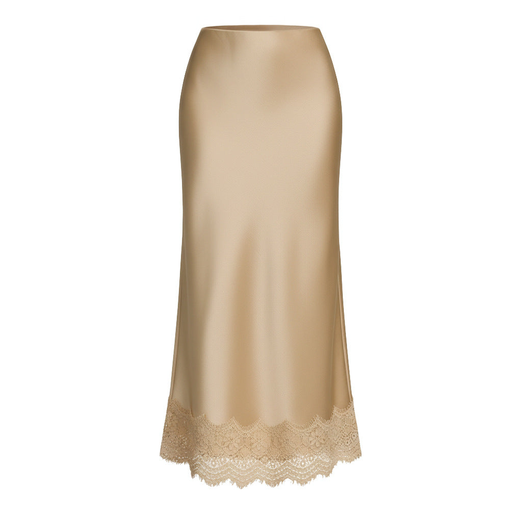 Women Clothing Lace Satin Skirt High Waist Elastic Elegant Sheath Skirt