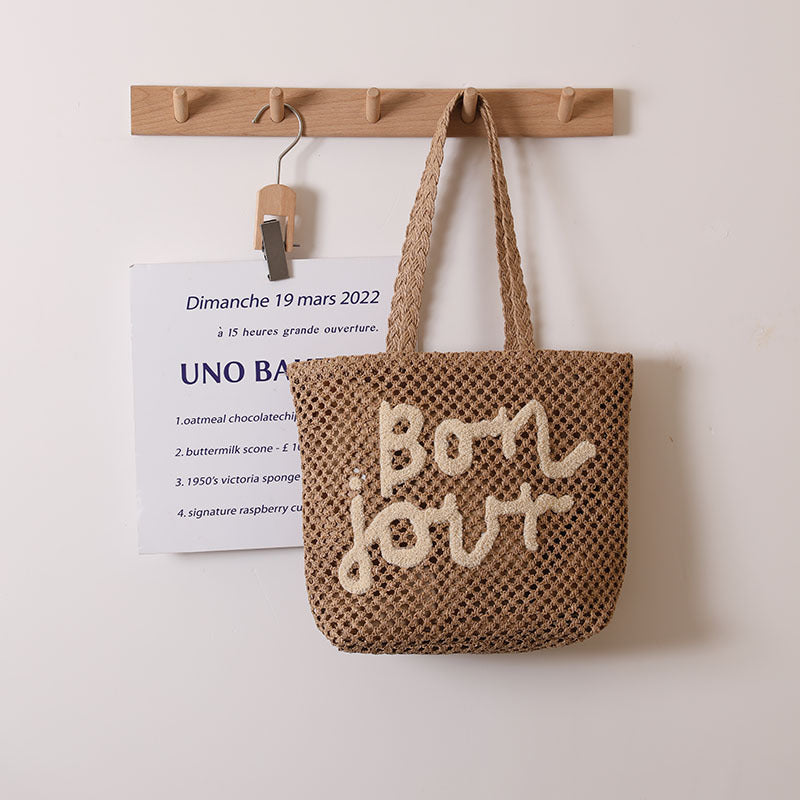Brief-Grafik Stickerei Gewebte Tasche All-Match Schulter Aushöhlen Cutout Strohtasche Urlaub Strandtasche Damen Tasche