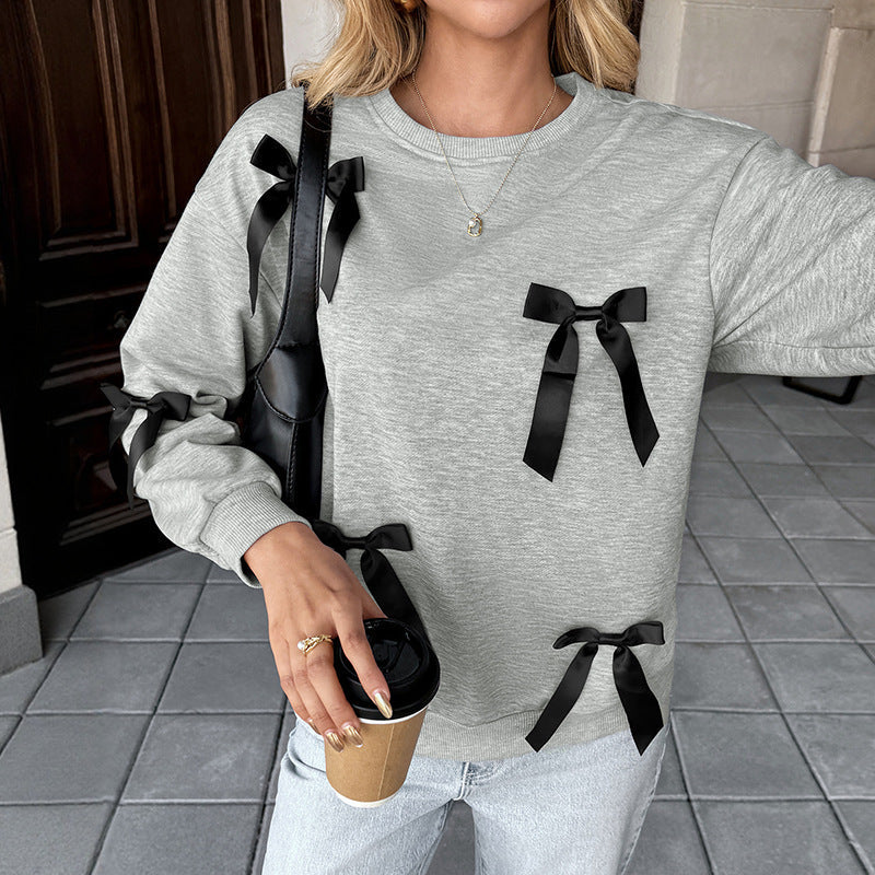 Herbst Lässiger Süßer Pullover Schleifen-Dekoration Grauer Rundhals-Pullover Damen