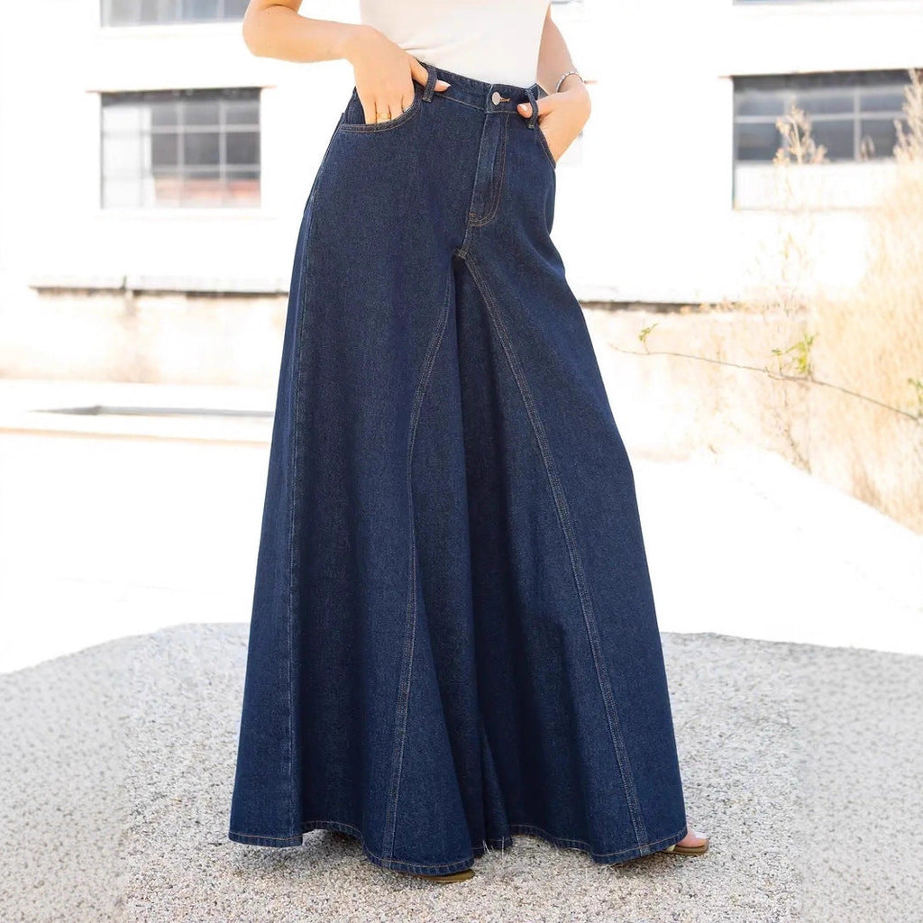 Women Elegant Simple Wide Leg Jeans Stretch Jeans Washed Denim Jeans
