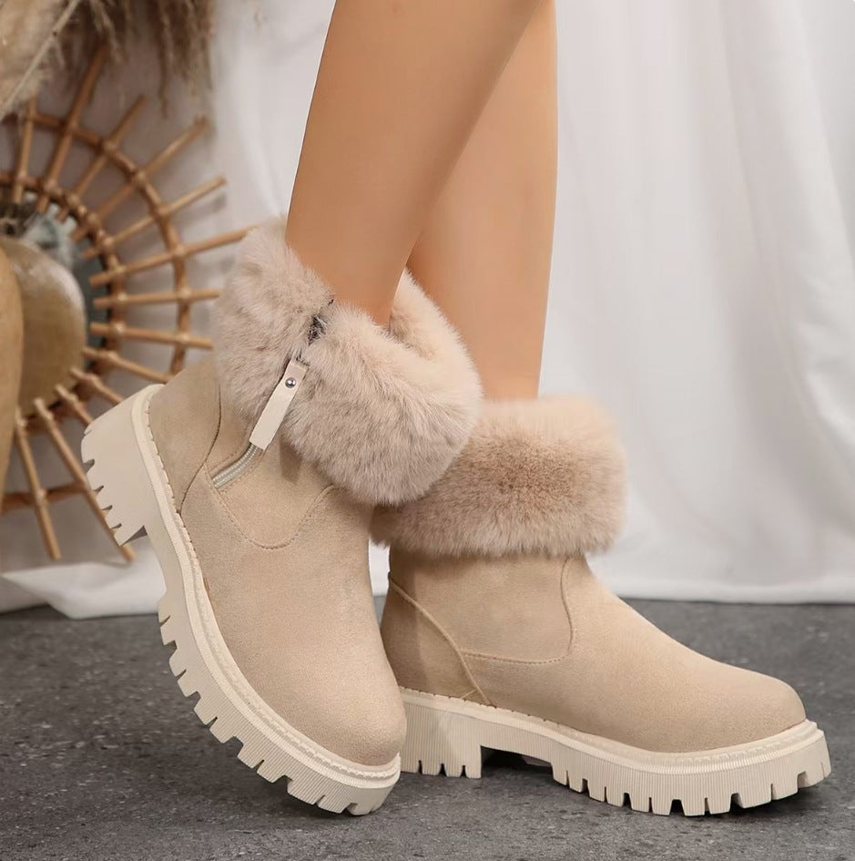Furry Short Tube Plateau Schneestiefel Damen runde Zehenpartie seitlicher Reißverschluss Samt warme Baumwollschuhe