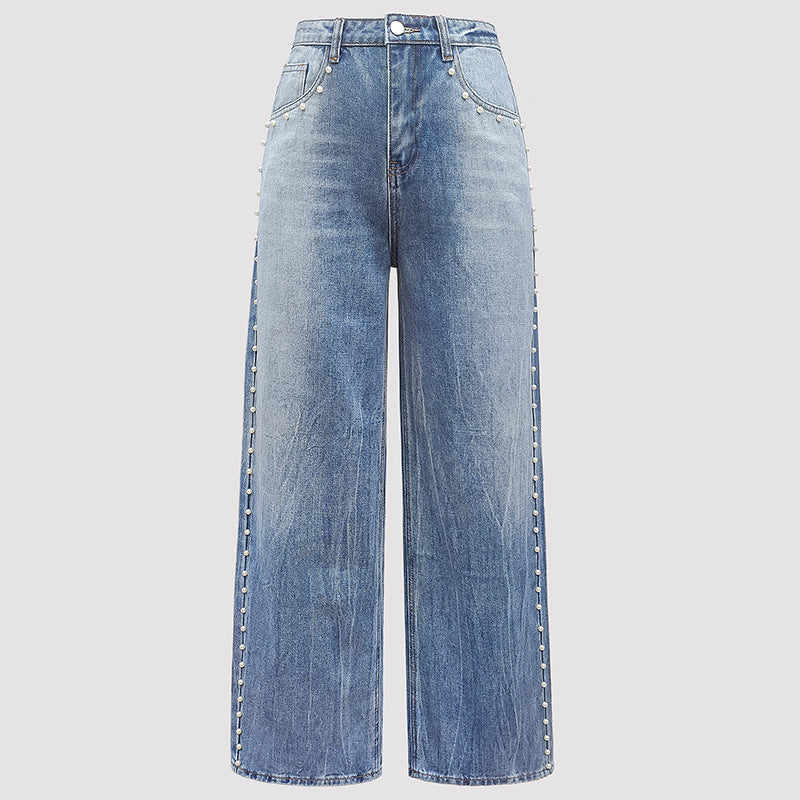 Damenbekleidung Herbst Magic Heavy Industry Metallnieten Weiße Perle Gerade geschnittene Jeans