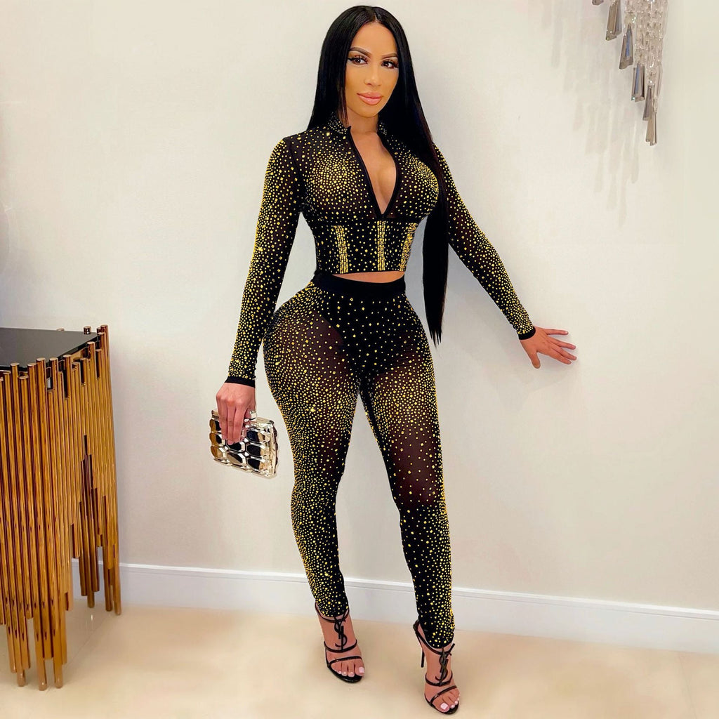 Women Clothing Sexy Tight Mesh See-through Long Sleeve Rhinestone Two-Piece Set Blouse Pants Women