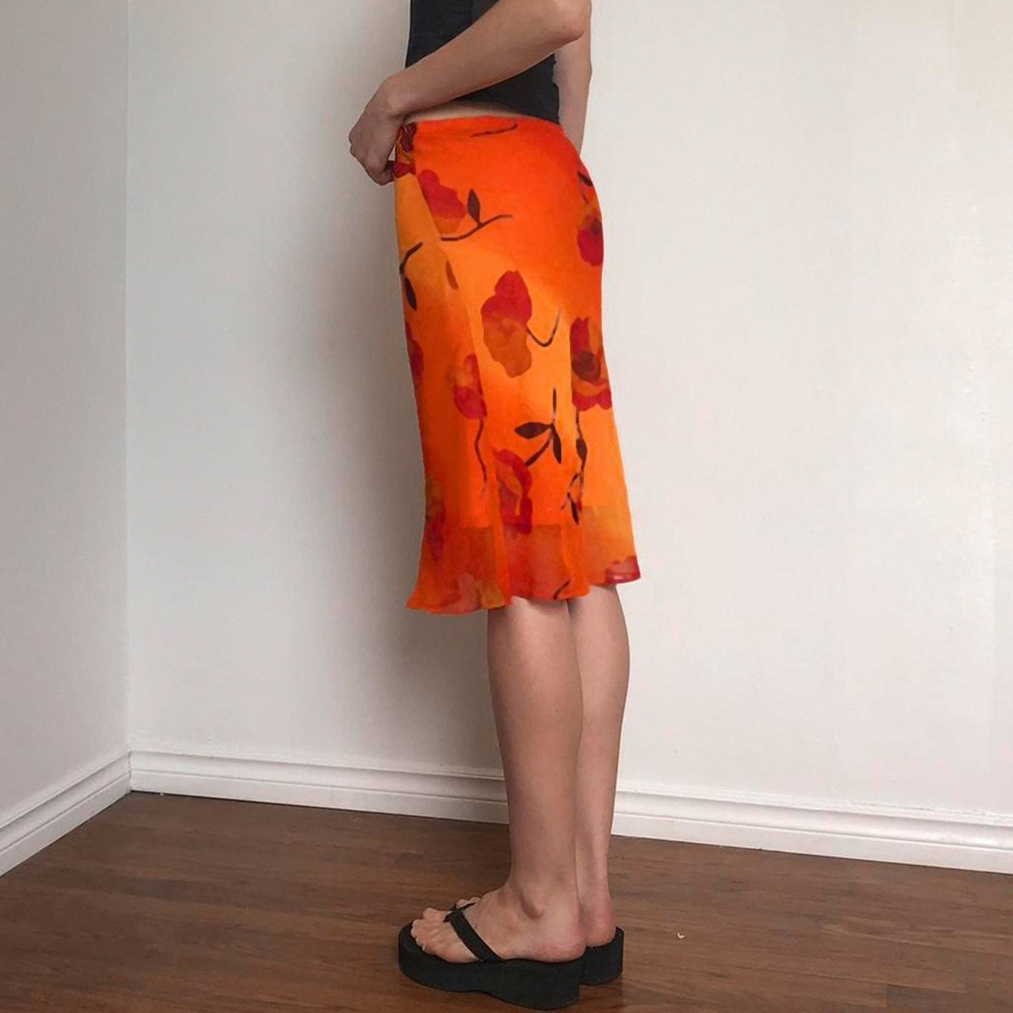Chinese Retro Floral Print Rendering Contrast Color Sheath Skirt Vacation Chiffon Mesh Midi Skirt