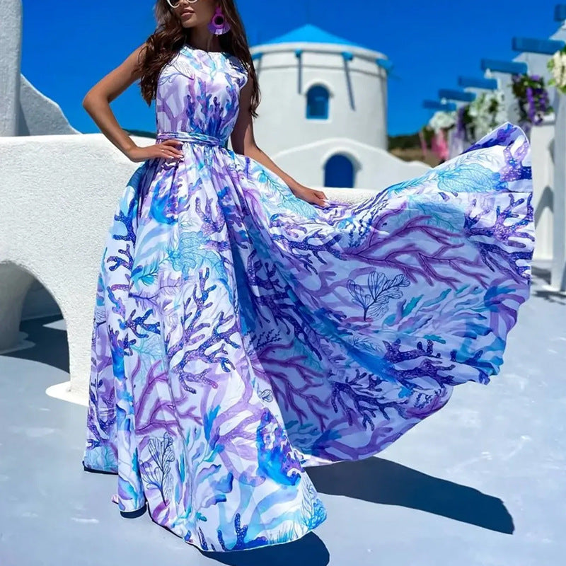 Summer Women Sleeveless Mid Length Beach Print Dress