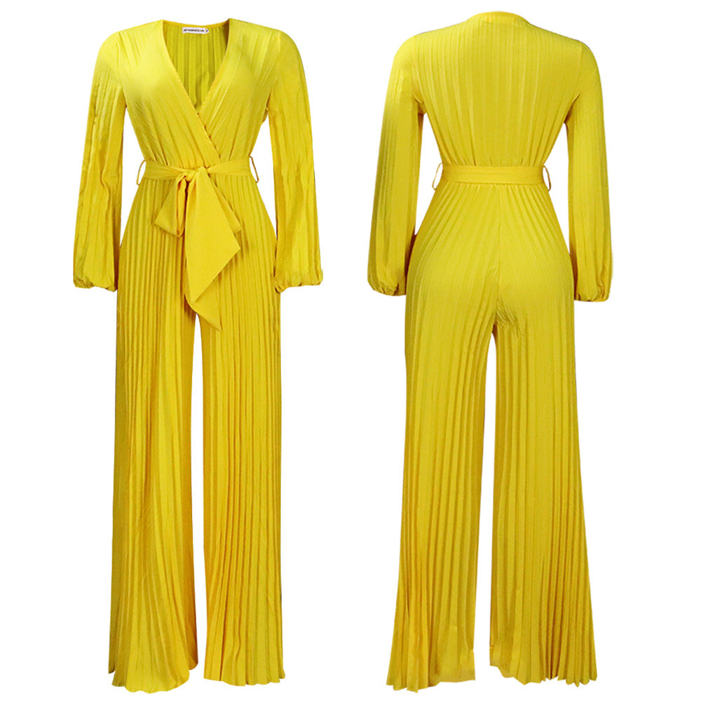 Sommer V-Ausschnitt Sexy Schnürung Plissierter Overall mit weitem Bein