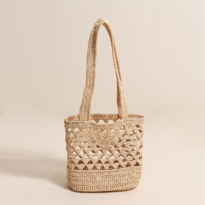 Raffia-Schulterstrohtasche Einfache einfarbige hohle ausgeschnittene Strohtasche Gewebte Tasche Urlaub Strandtasche Damen Tasche