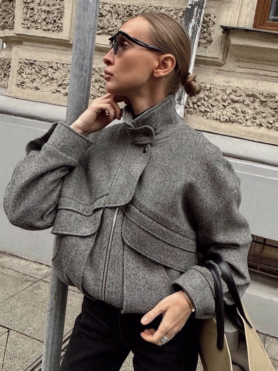 Fischgrätmuster Stehkragenjacke Herbst Winter Reißverschluss mit Tasche Oberteil Lockerer Wollmantel