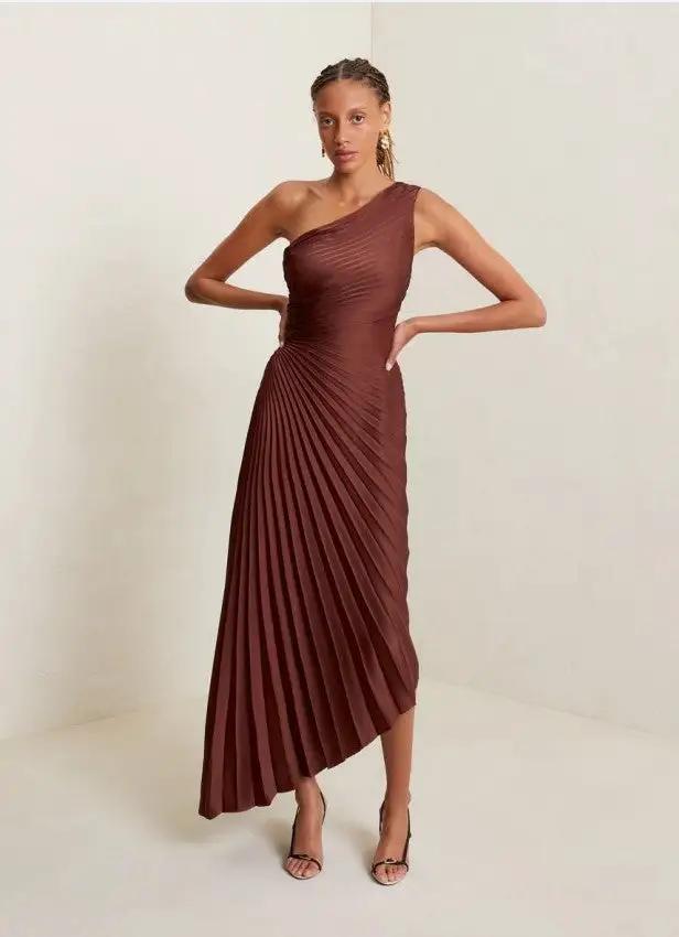 Women Clothing One Shoulder Sun Pleated Satin Dress by Wanita Store