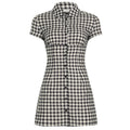 Women Plaid Smocking Waist Trimming Shirt Dress Slimming Breasted