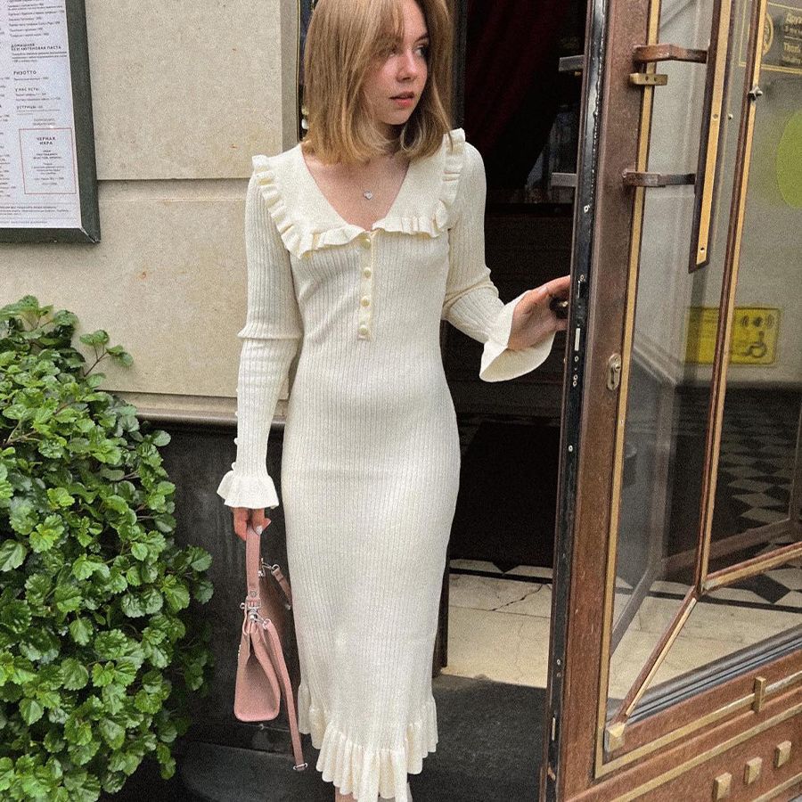 Gerüschtes Kleid, Strickkleid, Herbst-Winter-Pulloverkleid, Retro-Damenkleid, französisches Kleid