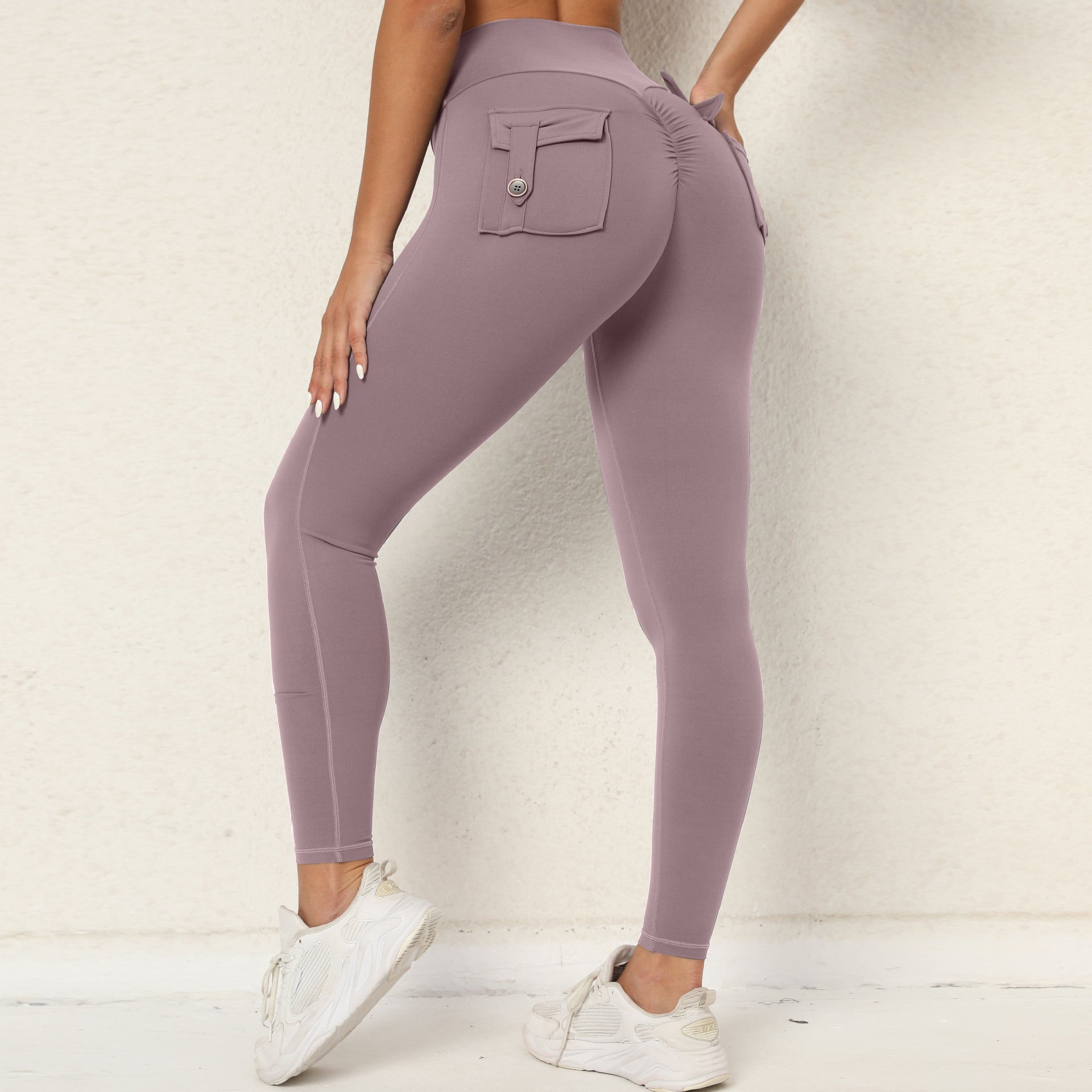 Pfirsich Po Arbeitskleidung Enge Tasche Yoga Hosen Damen Hohe Taille Stretch Po Lift Knopf Schnell Trocknende Lauf Fitness Hosen Damen