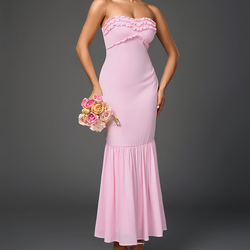 Chiffon Schlauchkleid Sexy rückenfrei Holzohr Smocking-Naht Hüftkleid