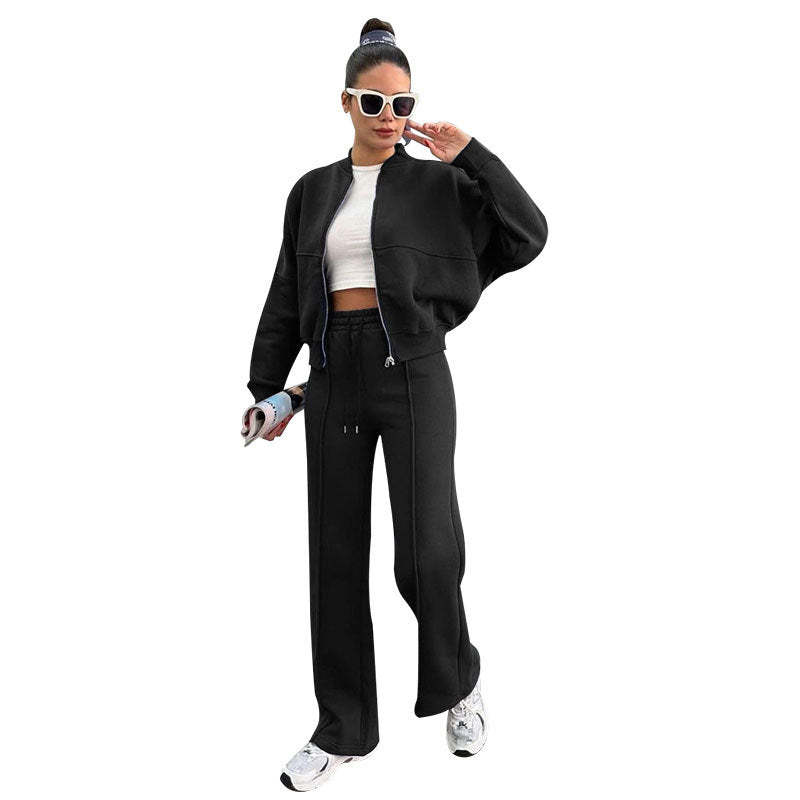 Autumn Winter Solid Color with Fur Zipper Cardigan Women Clothes Casual Straight Pants Two Piece Sets