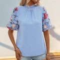 Summer Embroidered Floral Mesh Patchwork Puff Sleeve Shirt Half Turtleneck Shirt Women