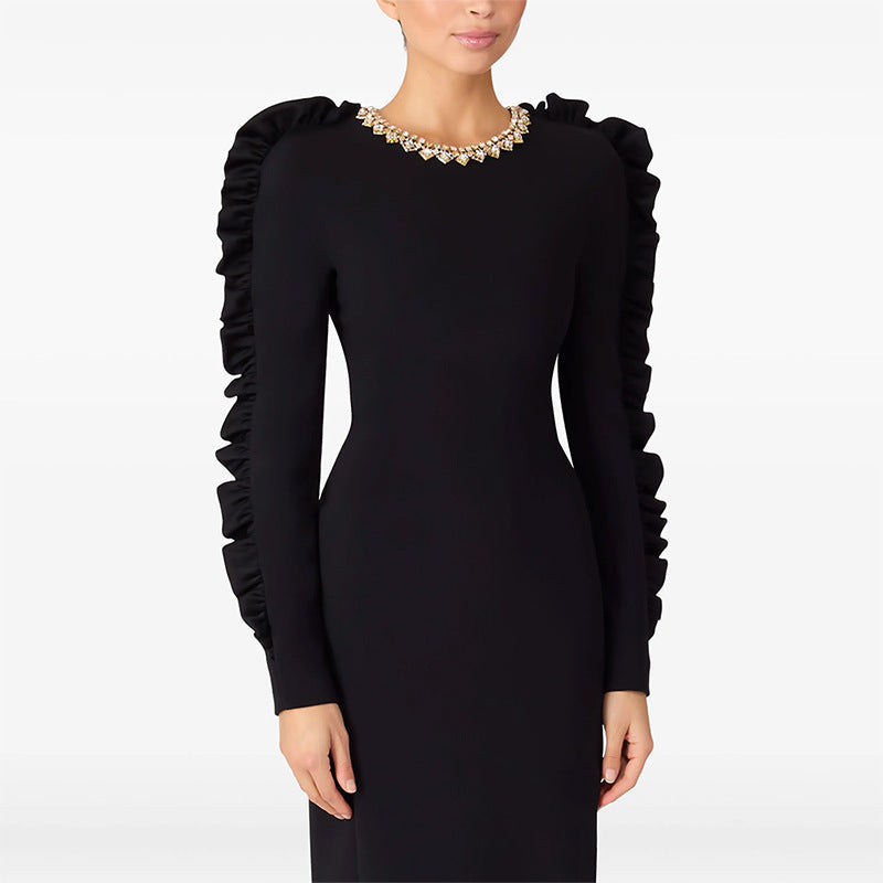Autumn Star Modisches Stringy Selvedge Dreidimensionale Dekoration Langarm Midikleid
