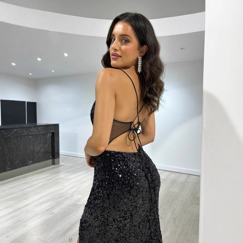 Pailletten Schlitz Sexy Trägerkleid Taillenbetontes Cocktailkleid Slim Fit Maxikleid