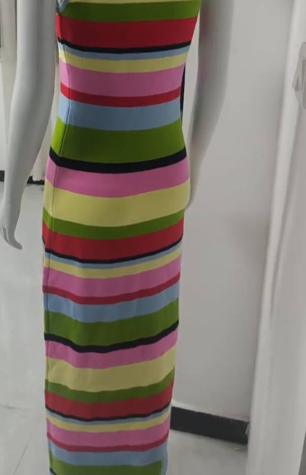 Slimming Sleeveless Rainbow Striped Knitted Maxi Dress for Women Dress Casual Waist Tight