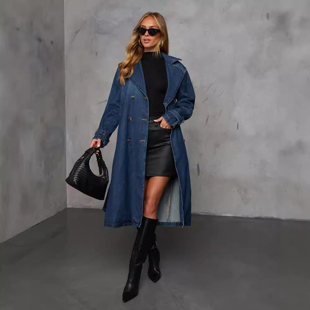Herbst Lässiger Retro-Jeans-Damen-Trenchcoat mit Gürtel