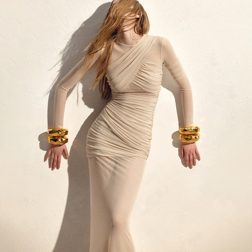 Sexy Mesh Transparenz Maxikleid Lange Ärmel Sexy Plissiertes Slim Fit Kleid