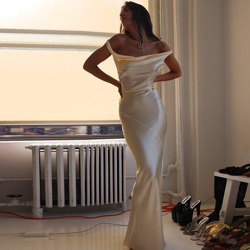 Damen schulterfreies Kleid Sexy rückenfreies Satinkleid Leichtes Luxuskleid Elegantes Fishtail-Kleid