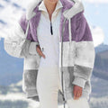 Autumn Winter Warm Plush Patchwork Zipper Pocket Hooded Loose Coat Women