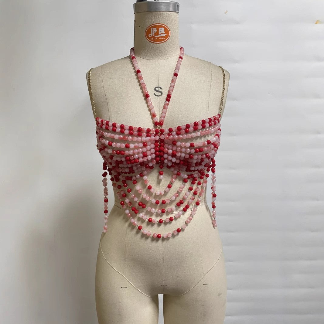 Multi Layer Pearl Sexy Bra Backless Halter Hollow Out Cutout out Camisole