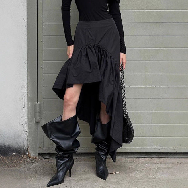 Herbst-Design High-Waist-Rock mit offenem Bein, Rüschen und unregelmäßigem asymmetrischem Schnitt aus Baumwolle für Damen