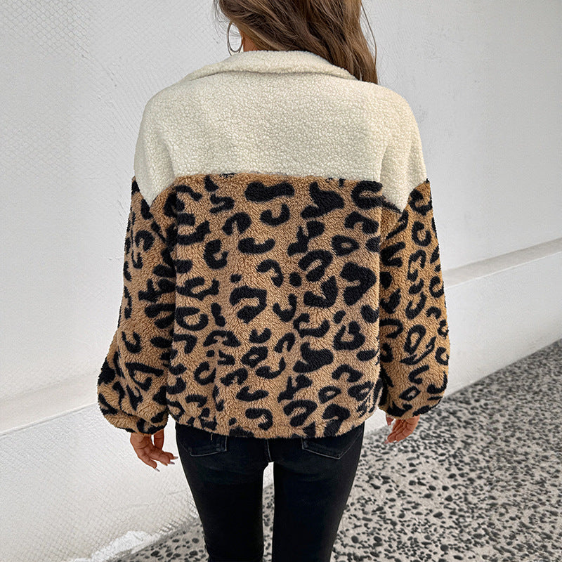 Damenbekleidung Wolljacke Langarm Herbst Winter Leopardenmuster Wolle Warm Polohemd