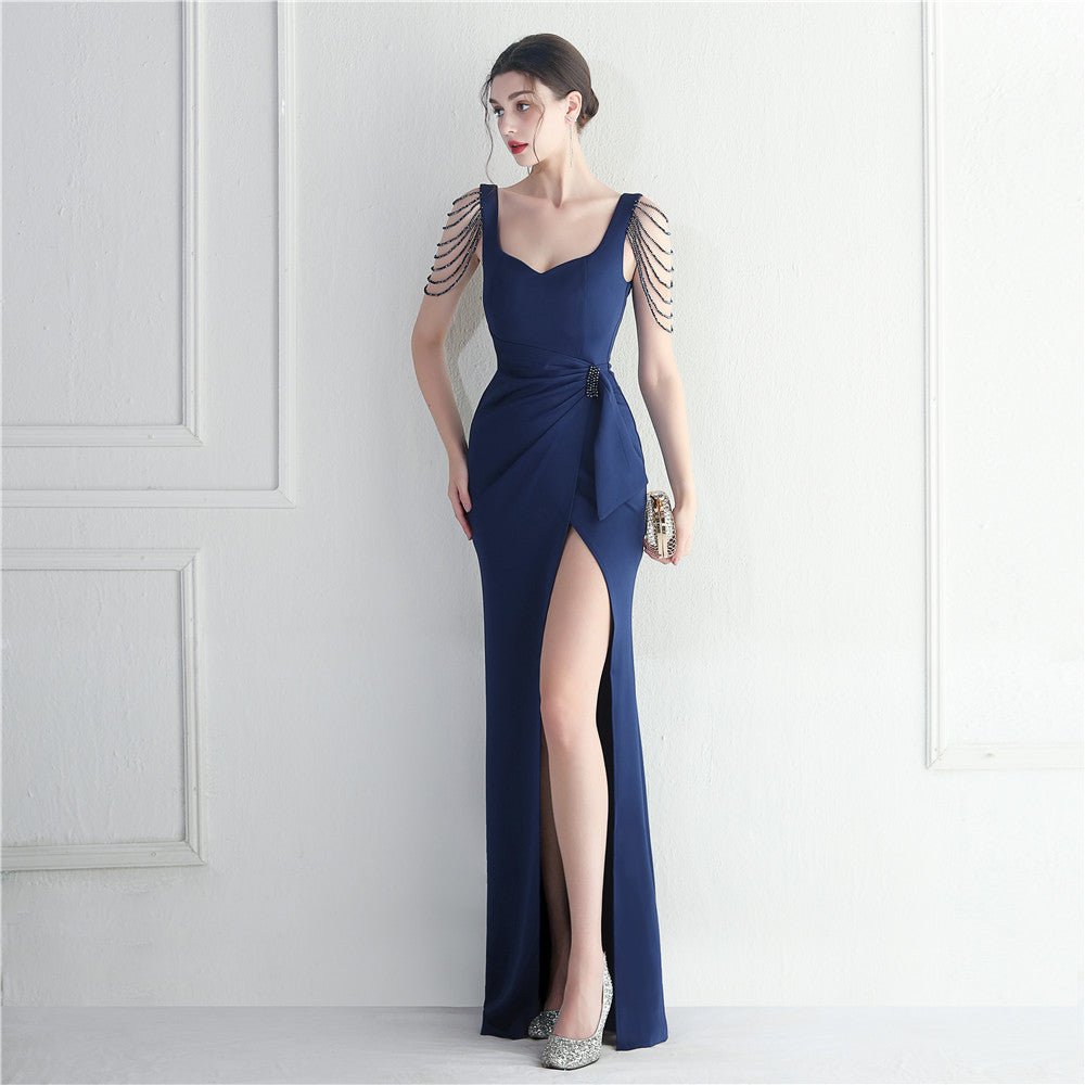 Bastelperlen Automodell Brautjungfer Performance Hochzeit Langes Schlitz Abendkleid