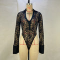 Sexy Lace Stitching Deep V Plunge Long Sleeve Top Slim Fit See through High Waist Flared Pants Women Sets