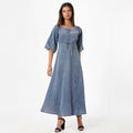 Square Mouth Long Sleeve Lantern Sleeve Waist Tight Solid Color Long A line Denim Thin Dress