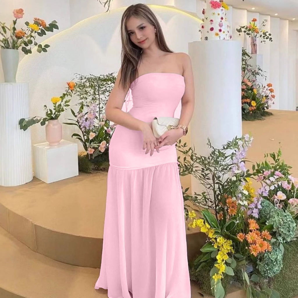 Summer Women Clothing Sexy Elegant Stitching Mesh Tube Top Slimming Dress