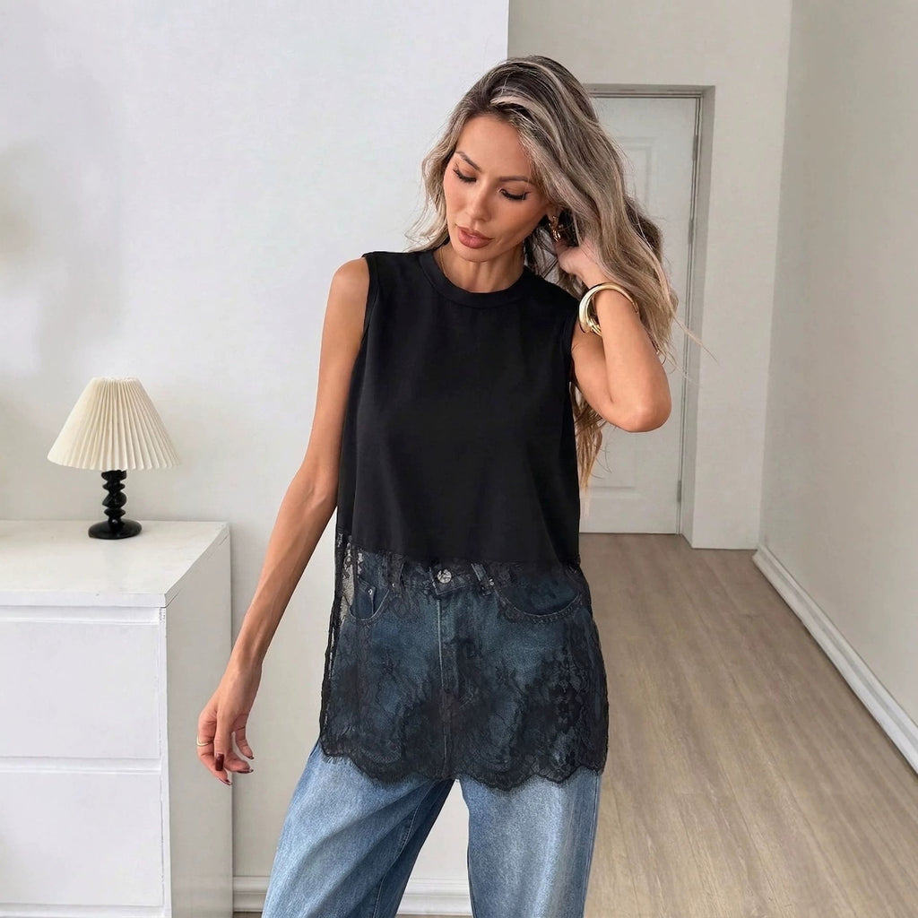 Black Sleeveless Lace Stitching Vest T shirt Women Top