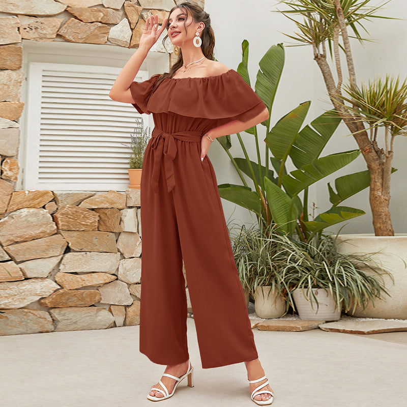Damenbekleidung Sommer Casual schulterfrei Rüschenärmel Schnürung Crop-Top weite Beinhose